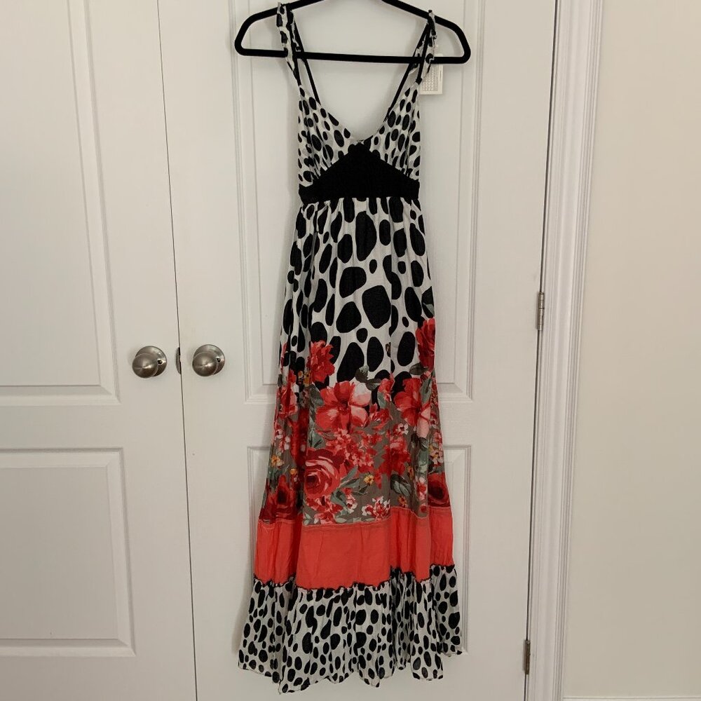 Women's 100% Cotton Polka Dot Floral Scalloped Straps Maxi Dress Size 36 (XS)